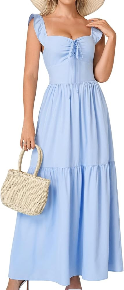 GLNEGE Womens Summer Corset Beach Wedding Guest Maxi Dress Ruffle Sleeve Flowy Boho Sundress Bow ... | Amazon (US)