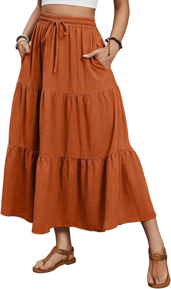 Lyrur Maxi Skirts for Women 2025 Summer Elastic High Waist A-Line Flowy 3-Layer Tiered Ruffle Lon... | Amazon (US)