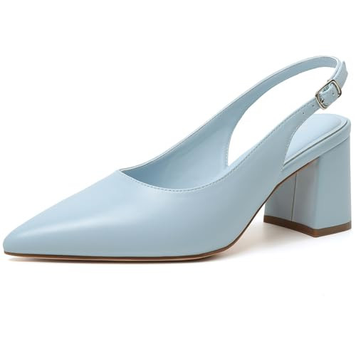 Mostrin Light Blue Block Slingback Heels for Women Pointed Closed Toe Chunky Heels Office Work Shoes Women's Pumps for Business Casual Size 11 | Amazon (US)
