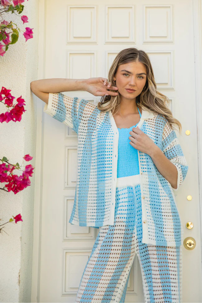 Along The Beach Blue Button Up Crochet Striped Top SALE | Pink Lily