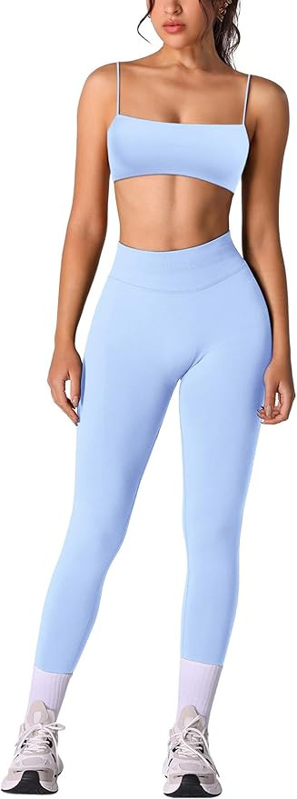 ABOCIW Workout Sets for Women 2 Piece Seamless Bandeau Strappy Sports Bra High Waist Leggings Yog... | Amazon (US)