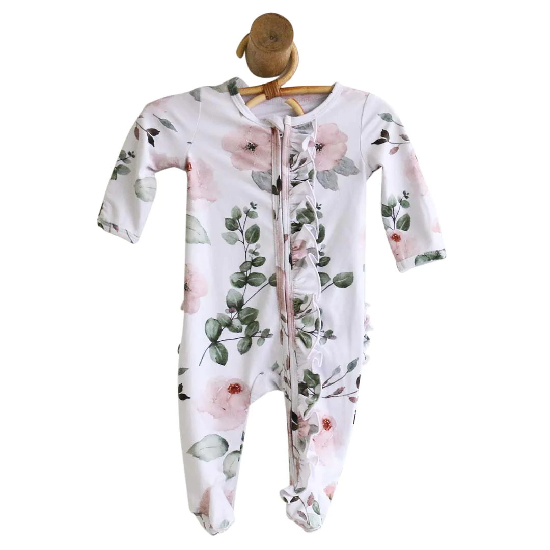 Millie's Dusty Rose Floral Zipper Ruffle Footie* | Caden Lane