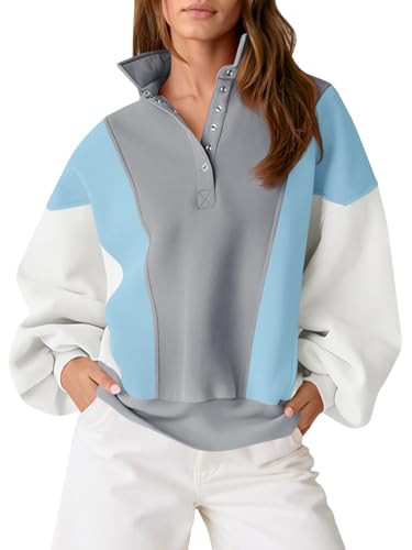 Fisoew Womens Color Block Sweatshirt Casual Long Sleeve Henley Neck Button Loose Pullover Tops | Amazon (US)