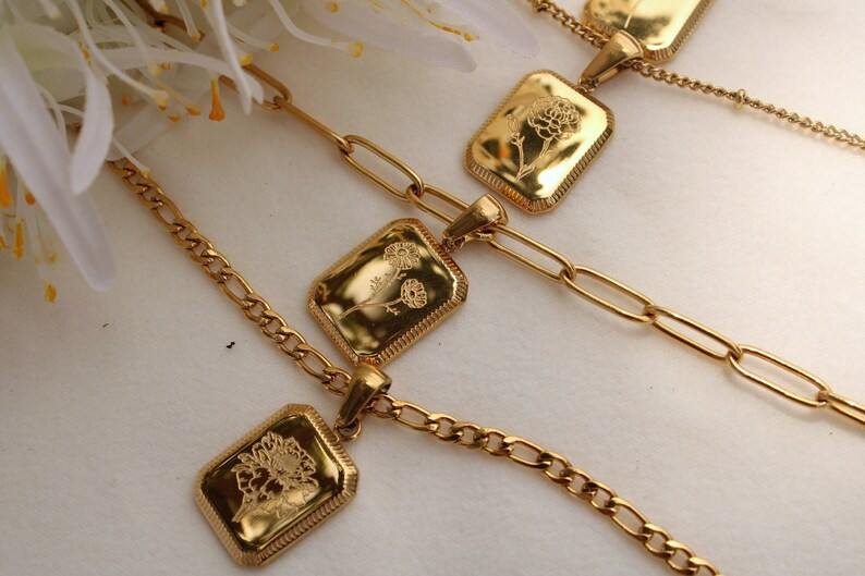 GOLD Vintage Birth Month Flower Necklace Birthstone Necklace Square Zodiac Rose Floral Pendant Je... | Etsy (US)