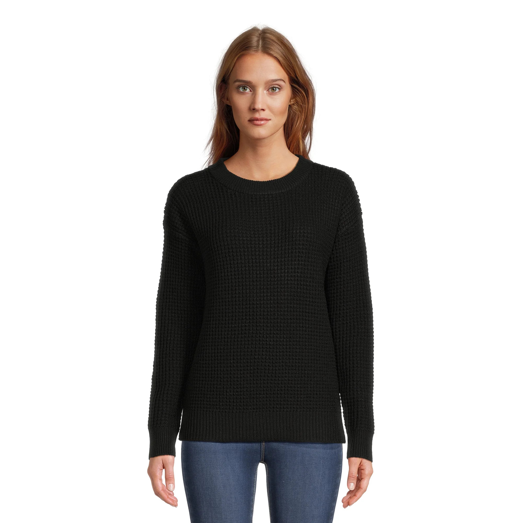 Time and Tru Women's Long Sleeve Waffle Crewneck Pullover Sweater - Walmart.com | Walmart (US)