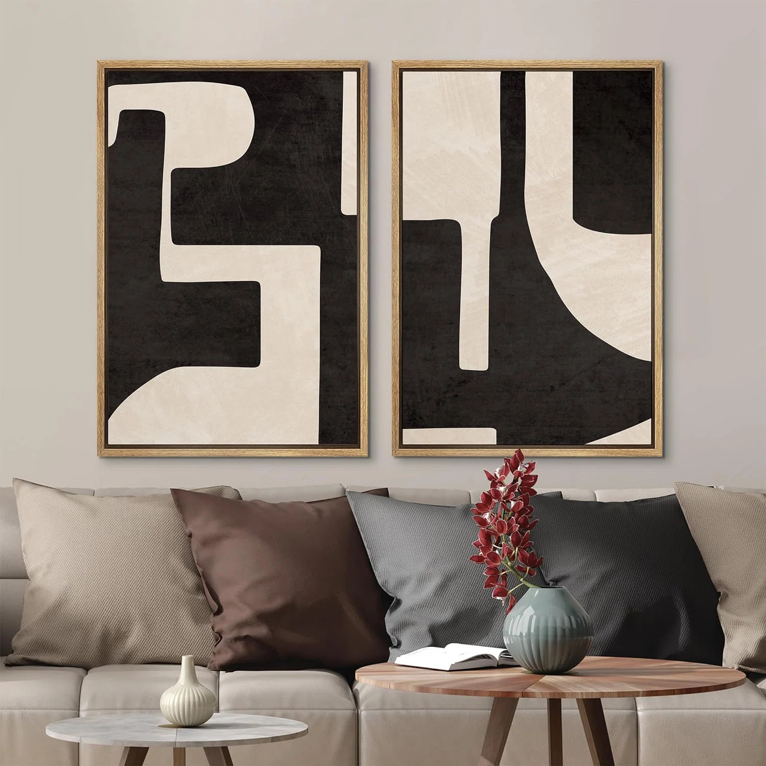 Mid Century Shape Black & Cream Geometric Paint Stroke Abstract Neutral Décor Framed Canvas 2 Pi... | Wayfair North America