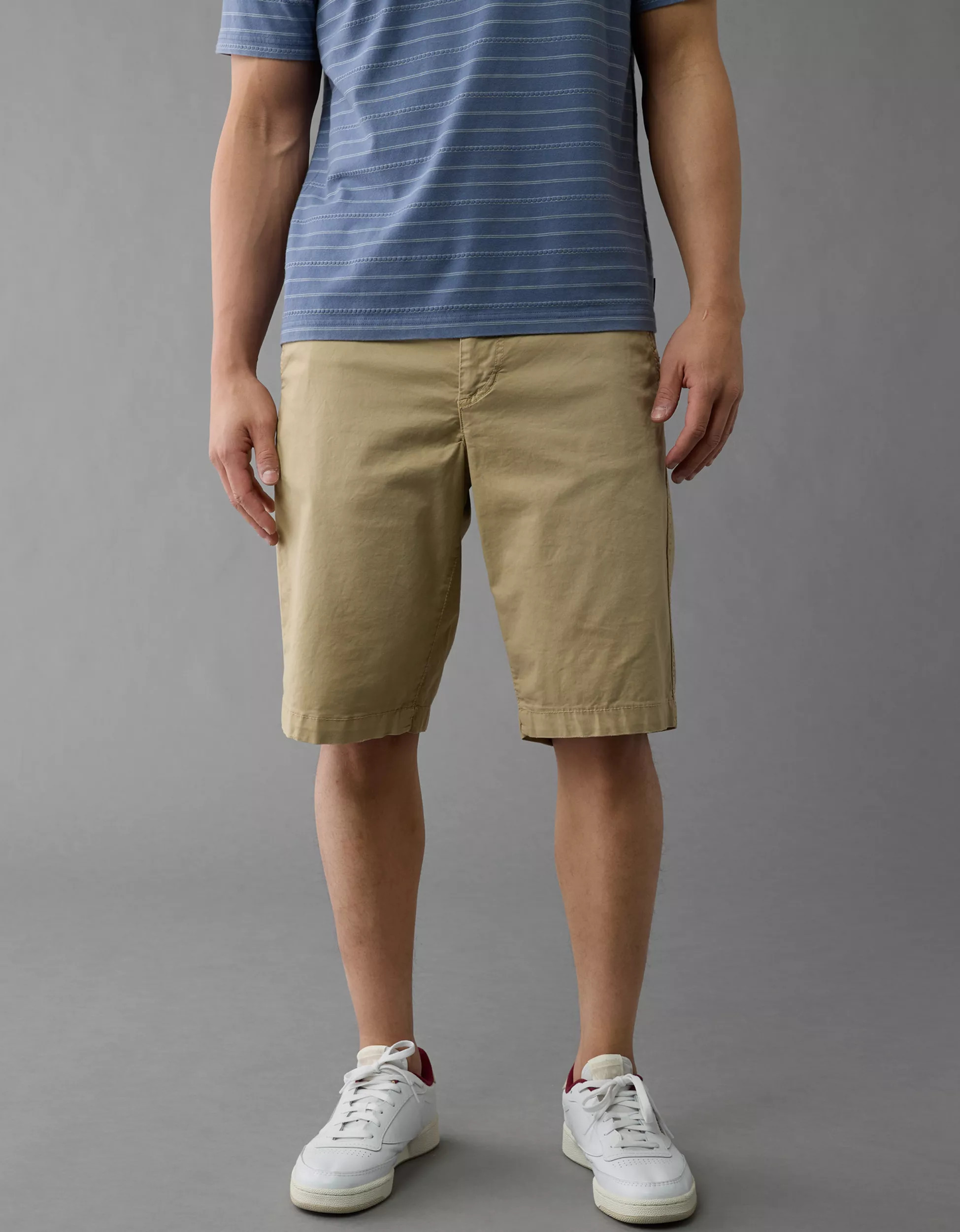 AE Flex 12" Longer Length Lived-In Khaki Short | American Eagle Outfitters (US & CA)