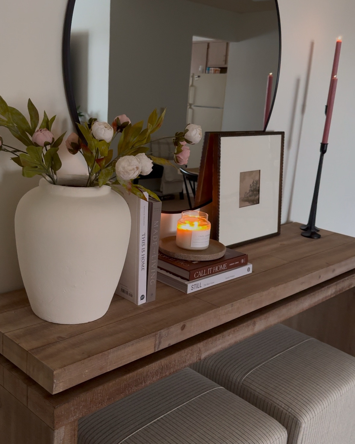 Stripe ottoman, target ottoman, peony stems, round mirror, white vase, wood console, wayfair console, arwah console, coffee table books, entryway, console table decor, spring decor, michaels spring stems, peonies 

Follow my LTK @thenuttybrunettehome on the @shop.LTK app to view this post and get my exclusive app-only content!

#liketkit #LTKSaleAlert #LTKHome #LTKSeasonal
@shop.ltk
https://liketk.it/5Gu9q

#LTKSeasonal #LTKSaleAlert #LTKHome