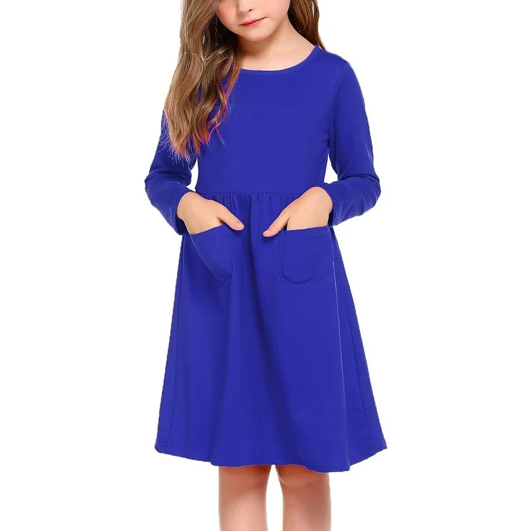 Oudiya Girls Long Sleeve Dress Solid Color Casual Skater Fall Dress with Pocket for Toddler Girls... | Walmart (US)