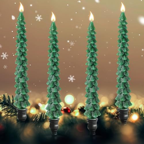 Ceoighe 4 Pcs 10 Inch Christmas Tree Candles, Natural Beeswax Christmas Tree Shaped Candles for Xmas Decor, Unscented Christmas Tree Taper Candles for Holiday Decoration, Party, Banquet(Green) | Amazon (US)