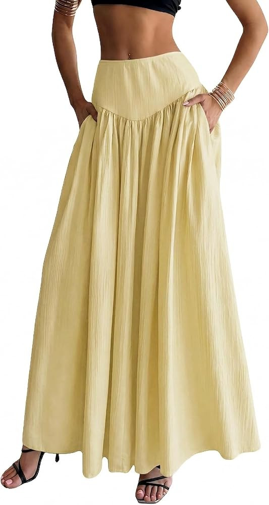 QJQ Women's Fall Boho Flowy Flared Ruffle Maxi Skirt High Waisted Long Flowy Pleated Skirts with ... | Amazon (US)