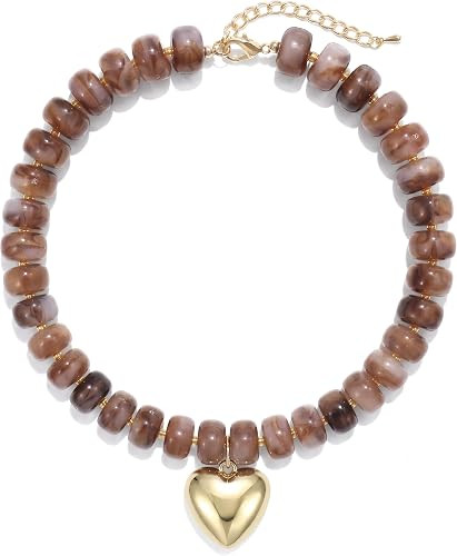 Chunky Heart Necklace for Women, Colorful Acrylic Beaded Statement Puff Heart Necklace, Cute Boho... | Amazon (US)