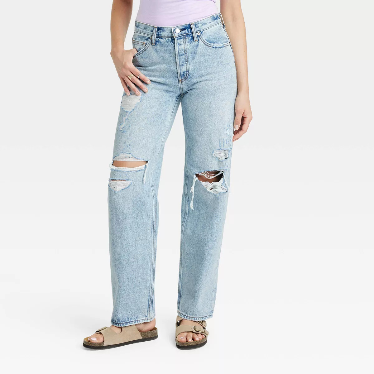 Women's Mid-Rise 90's Baggy Jeans - Universal Thread™ Light Wash Destroy 0 | Target