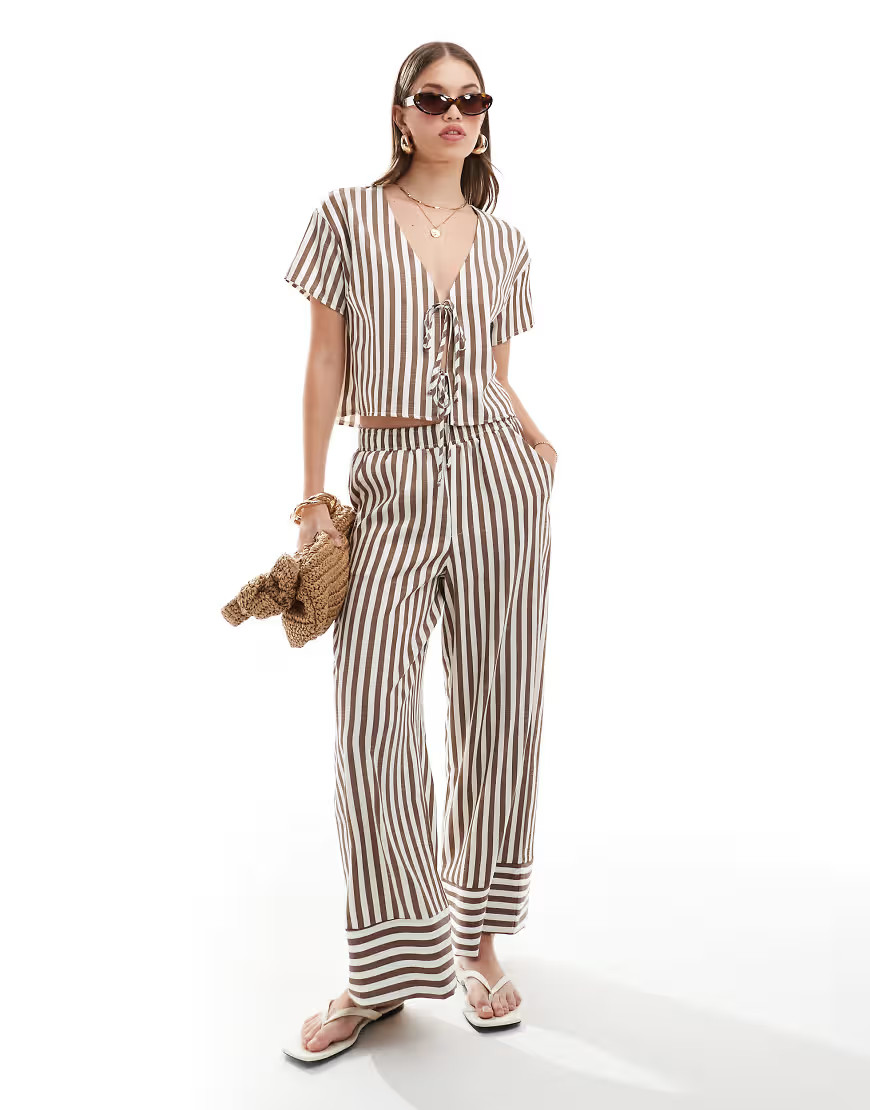 ASOS DESIGN pull-on poplin pants in brown stripe - part of a set-Multi | ASOS (Global)