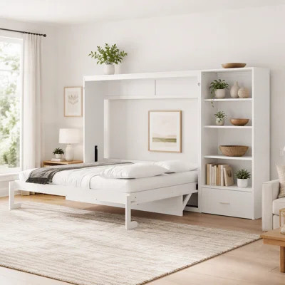 Queen Size Murphy Bed with Height Adjustable Storage Compartments and Shelf, Wall Bed Frame With 1 Drawer, Multifunctional Foldable Platform Bed for B | Wayfair North America