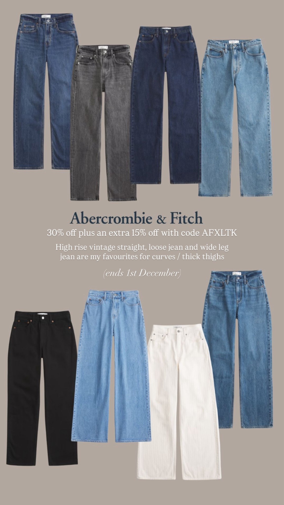 A top Black Friday pick of mine is a pair of Abercrombie jeans, these can be quite pricey at £75, honestly they are totally worth full price the fit is amazing I wear mine so much, but why would you do that when you can get them at such a big discount? funny enough I’ve also done a whole video dedicated to their jeans and until the 1st December you can get 30% off with an additional 15% with a code AFXLTK

I wear a 31 / 32 short leg (I’m a UK14 and 5ft 2 and a half) 


#LTKCyberWeek #LTKjeans #LTKsale