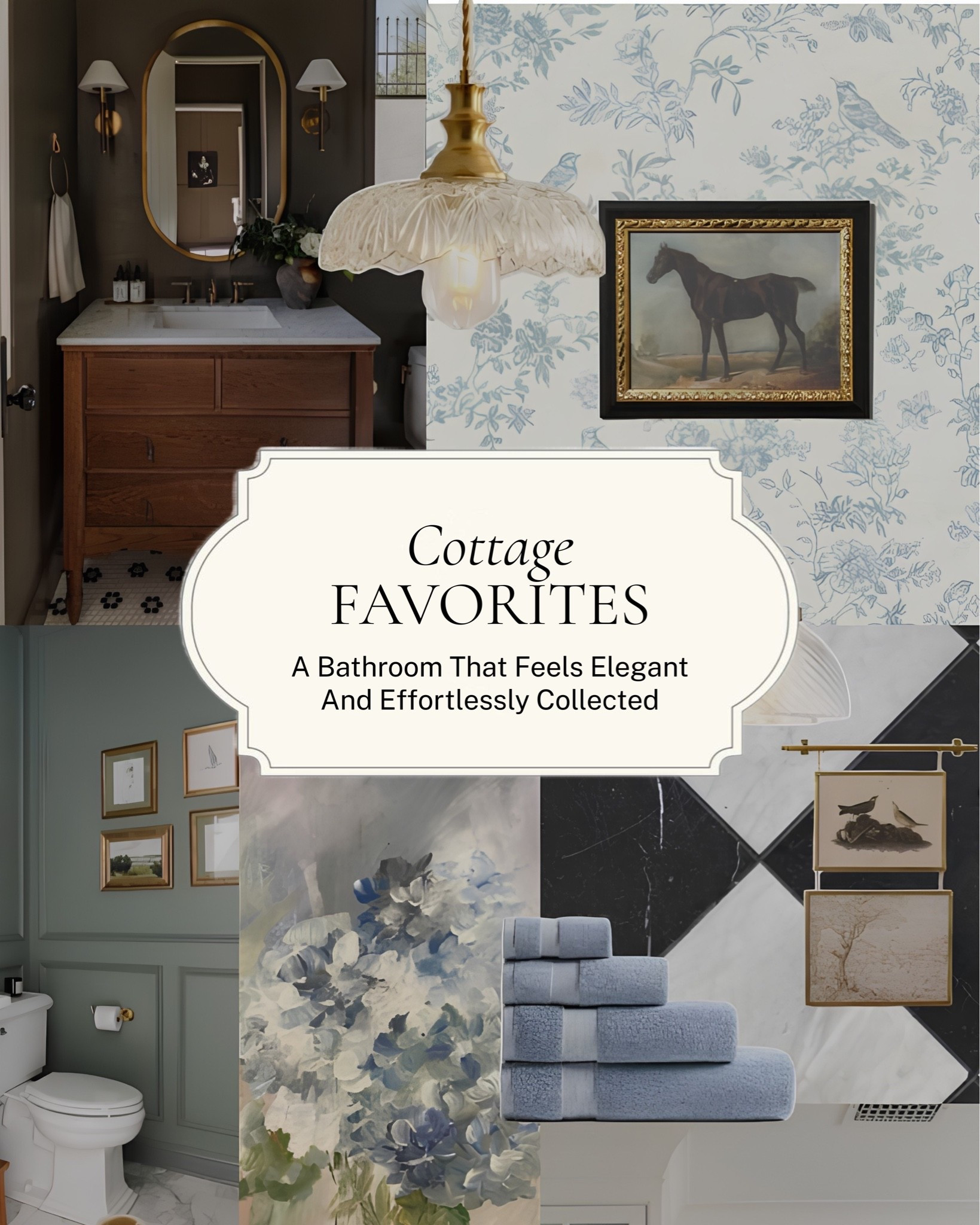 A bathroom that feels like it belongs in a European countryside home ✨ 

Blue toile wallpaper, a dark vanity, a brass sconce, a horse portrait, harlequin floor tile, soft blue towels, and all the character details that make a bathroom feel elegant without trying too hard. 

All linked here 🤍 

#LTKhome