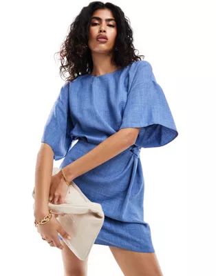 ASOS DESIGN angel sleeve drape waist tab detail mini dress in blue | ASOS | ASOS (Global)