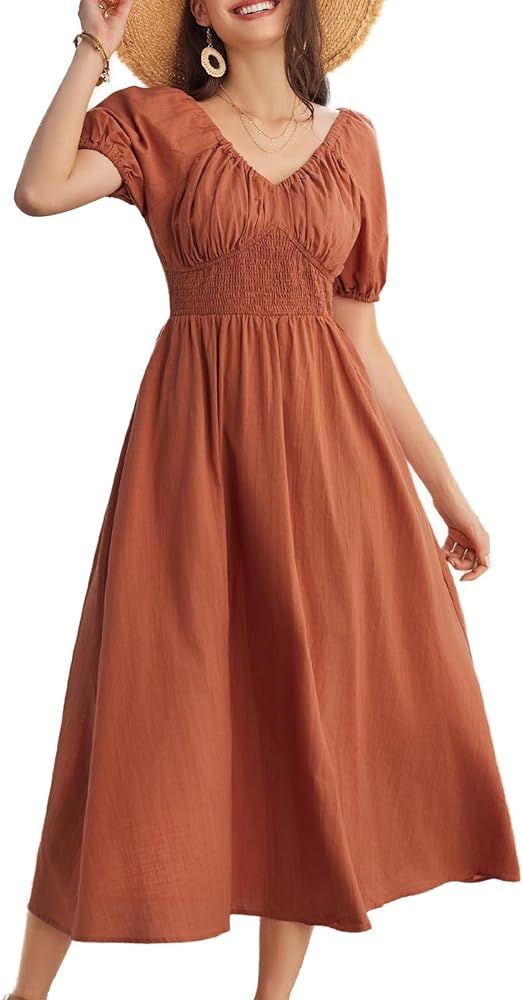 GRACE KARIN 2024 Women's Summer V Neck Smocked Cotton Dresses Short Sleeve Flowy A Line Maxi Dres... | Amazon (US)