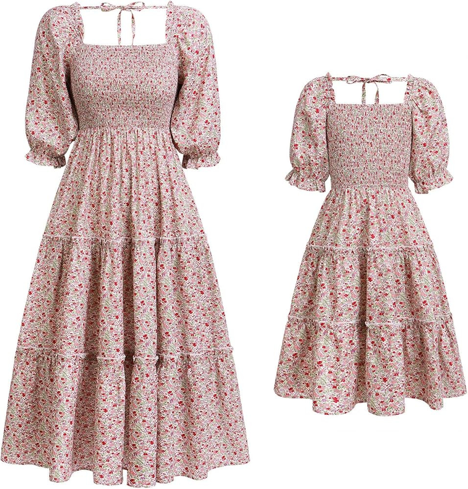Mommy and Me Matching Dresses Floral Printed Ruffled Lantern Sleeves A-Line Long Dress Mom Daught... | Amazon (US)