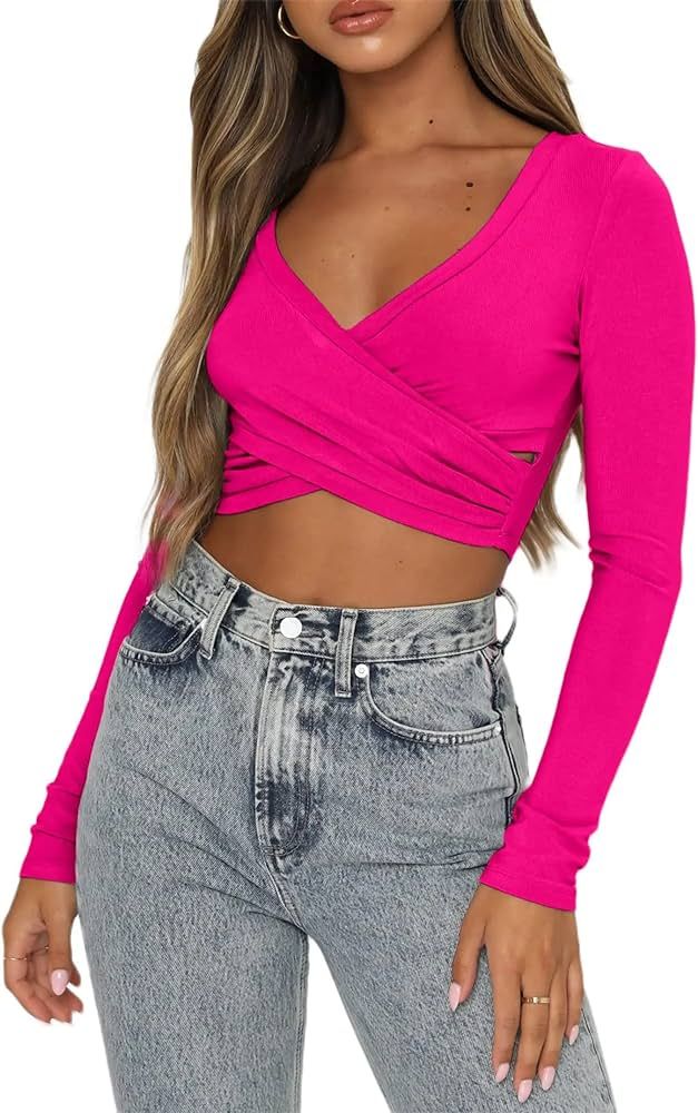 Remidoo Women's Sexy Ruched Wrap V Neck Long Sleeve Crop Top T Shirts | Amazon (US)