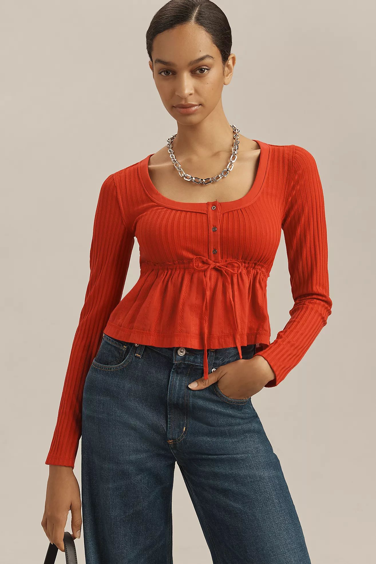 Pilcro Long-Sleeve Scoop-Neck Babydoll Top | Anthropologie (US)