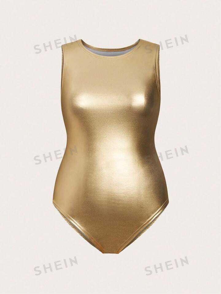 SHEIN Privé Plus Size Metallic Sleeveless Bodysuit | SHEIN