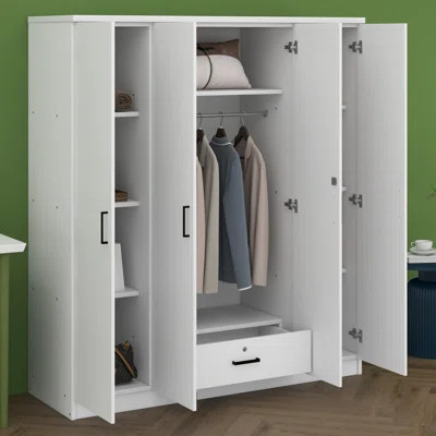 4-Door Wardrobe With 1 Drawer And Hanging Rail, Armoire Wardrobe Closet With 8-Tier Shelves For Bedroom Living Room | Wayfair North America