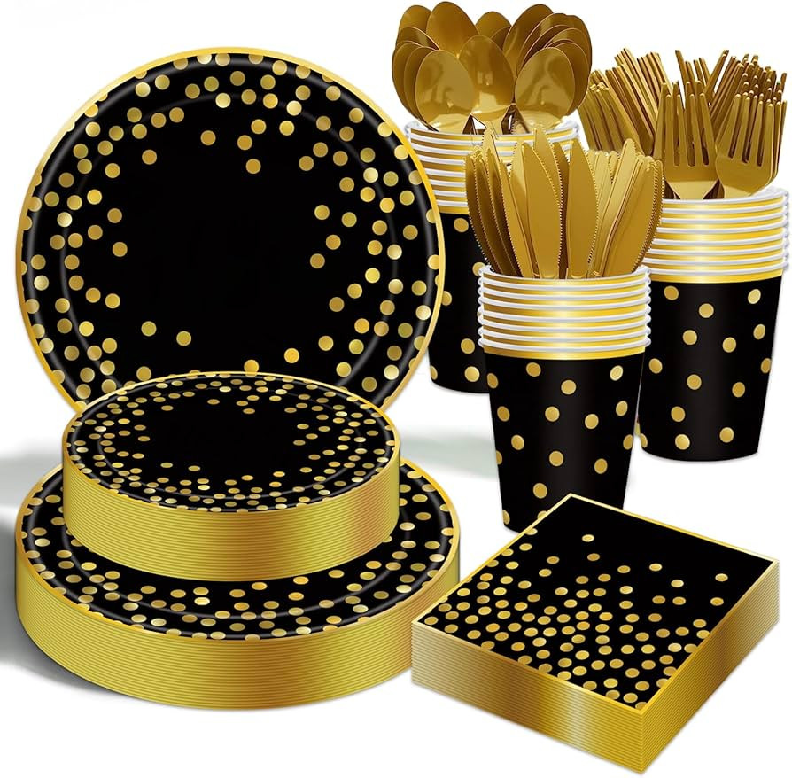 175PCS Black and Gold Paper Plates Party Supplies for 25 Guests Disposable Party Decorations Dinn... | Amazon (US)