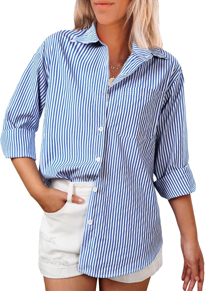 Women's Striped Long Sleeve Button Down Shirts V Neck Casual Tops Classic Office Work Blouses wit... | Amazon (US)