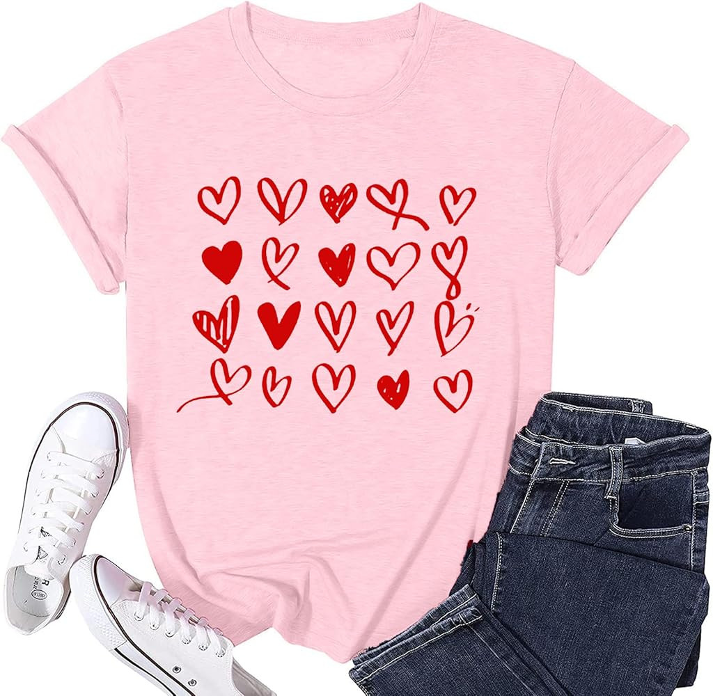 VVNTY Valentines T Shirts for Women Cute Heart Print Graphic Tees Casual Short Sleeve Top | Amazon (US)