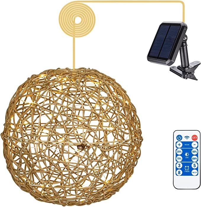 Solar Pendant Lights Farmhouse Chandelier - Outdoor Rattan Solar Hanging Lights Ball with Remote ... | Amazon (US)