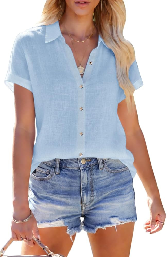 Womens Linen Shirts Short Sleeve Button Down Shirts Casual Vacation Beach Summer Tops Cowgirl Wes... | Amazon (US)