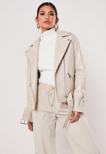 Missguided - Nude Croc Effect Boyfriend Biker Jacket | Missguided (UK & IE)
