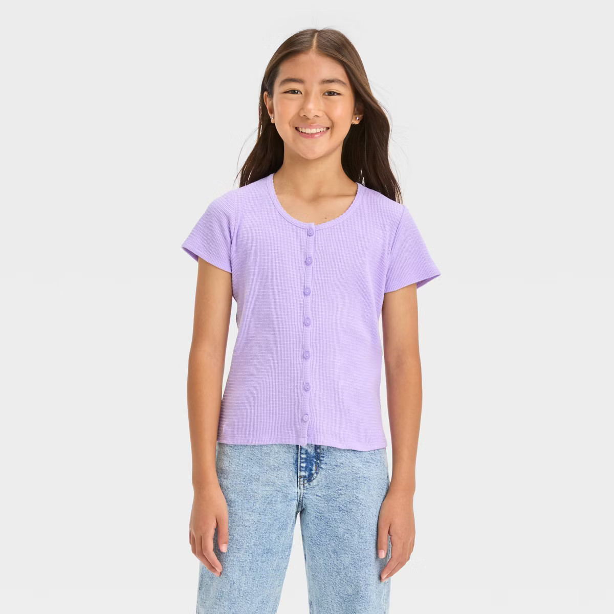 Girls' Short Sleeve Button-Front Textured Top - art class™ Lavender S | Target