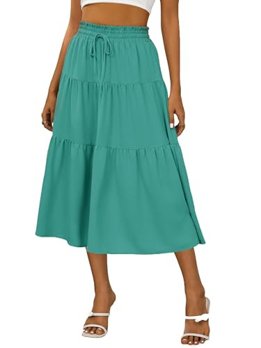 Anbech Women's Midi Skirts Elastic Hight Waist Pleated A-Line Summer Skirt (XL, Green) | Amazon (US)