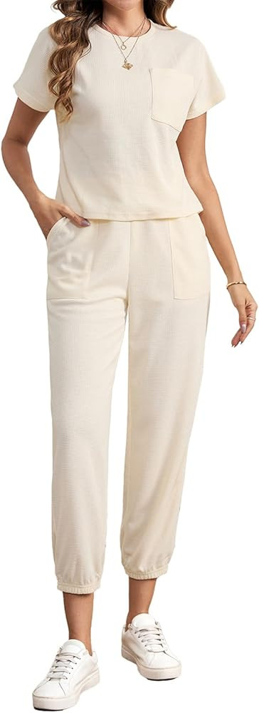 Lounge Sets for Women 2 Piece Jogger Pajama Round Neck Short Sleeve Casual Nine-point Pants Loung... | Amazon (US)