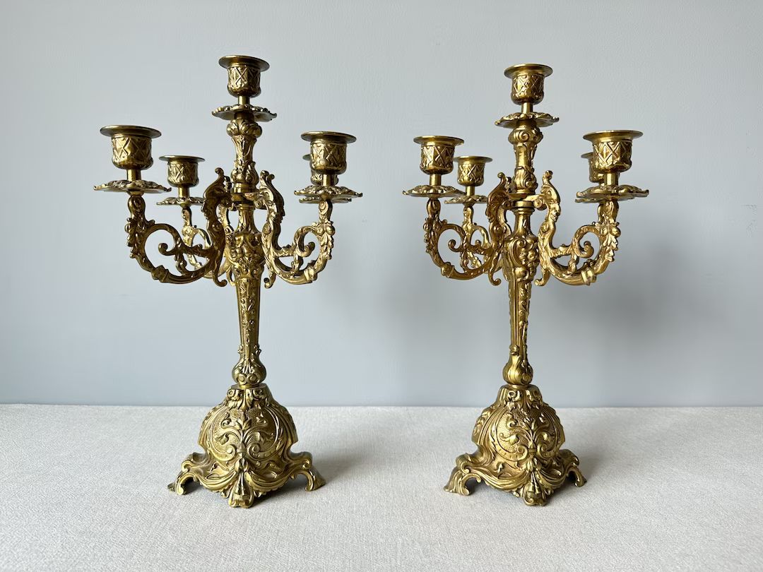 Vintage Pair of Brass Candelabras 15", Table Centerpiece, Vintage Candle Holder, Antique Home Dec... | Etsy (US)