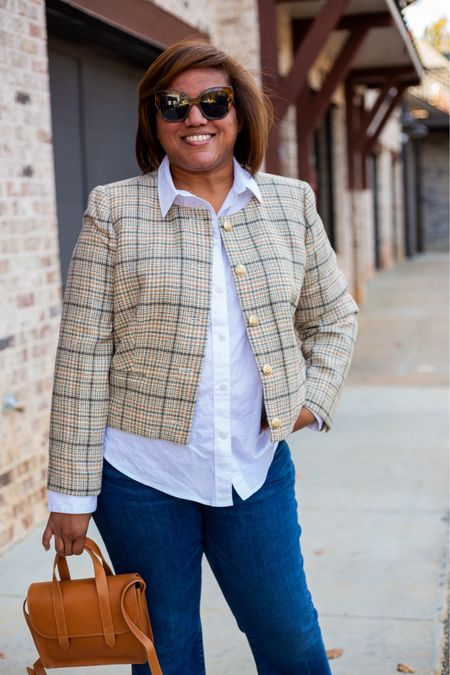 The @jcrew lady jacket is my FAVE!  And, I love this plaid version SOOOO much. I styled my jacket with jeans, but it looks great with skirts, too!  Fit is TTS! My jacket is #gifted  