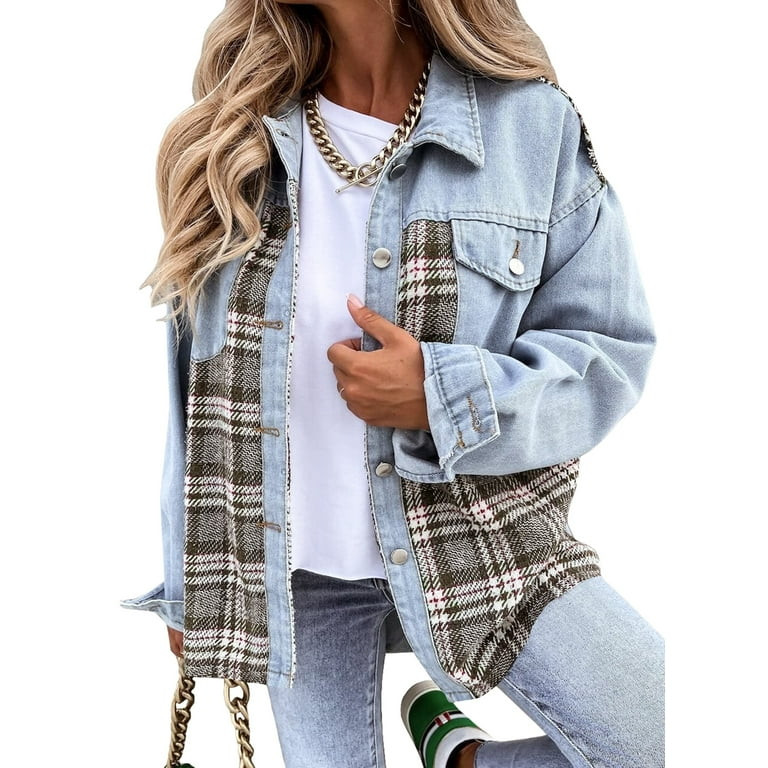 SHEWIN Women's Denim Jacket Plaid Patchwork Shacket Long Sleeve Button Down Oversized Jean Jacket... | Walmart (US)