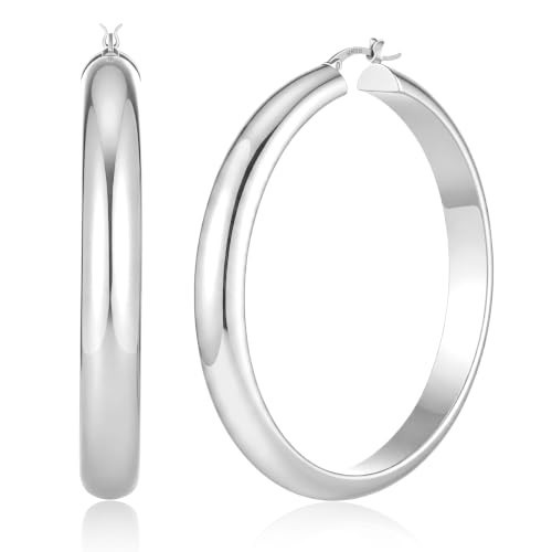 925 Sterling Silver Hoop Earrings Hypoallergenic Large Silver Chunky Hoops | Amazon (US)
