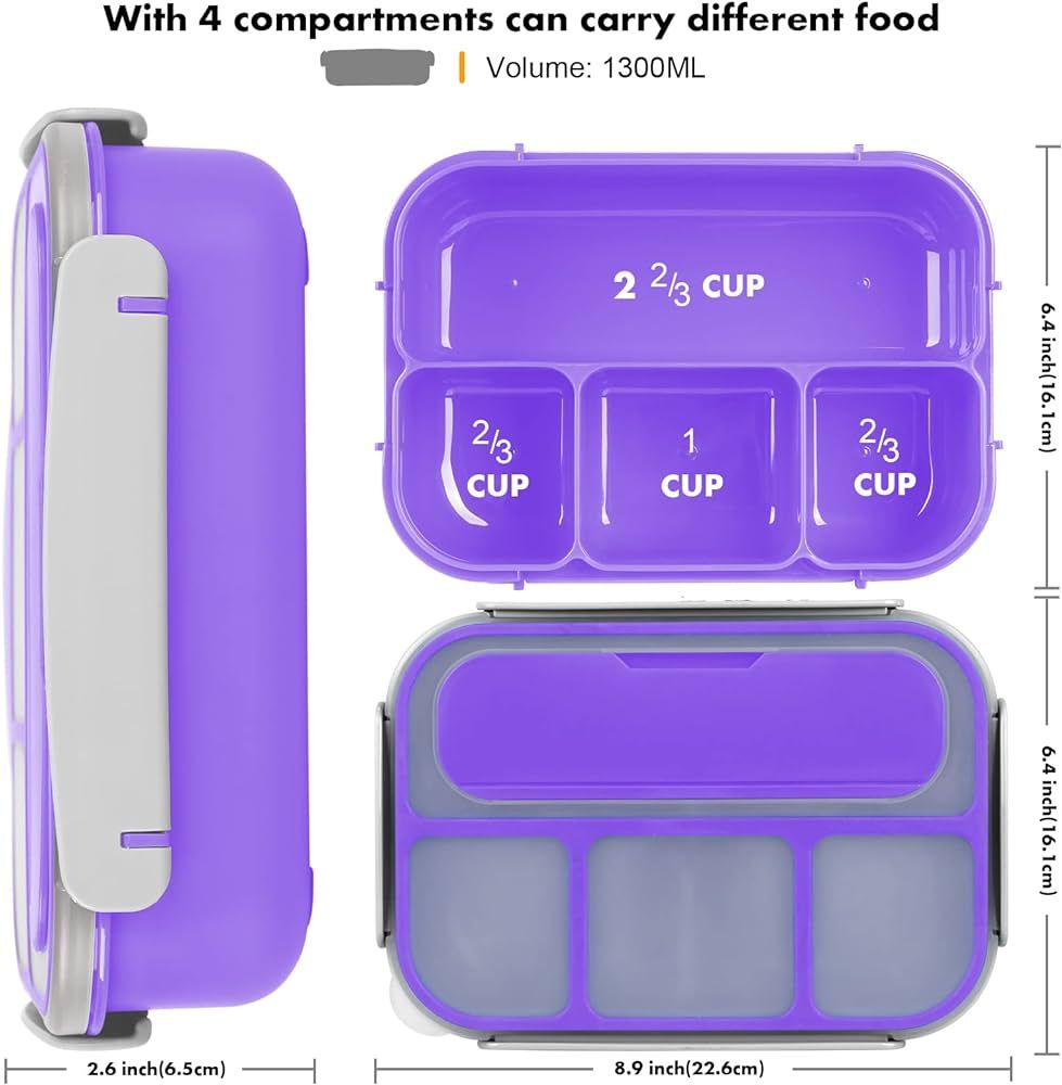 Bento Box, Lunch Box Kids, 1300ML Bento Box Adult Lunch Box with 4 Compartment&Food Picks Cake Cu... | Amazon (US)
