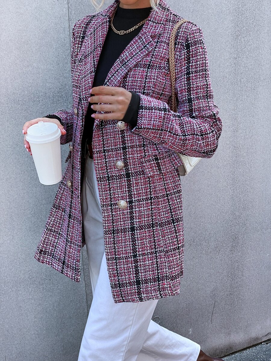Plaid Pattern Flap Detail Double Breasted Tweed Blazer
   
      SKU: sw2106231880881369
        ... | SHEIN