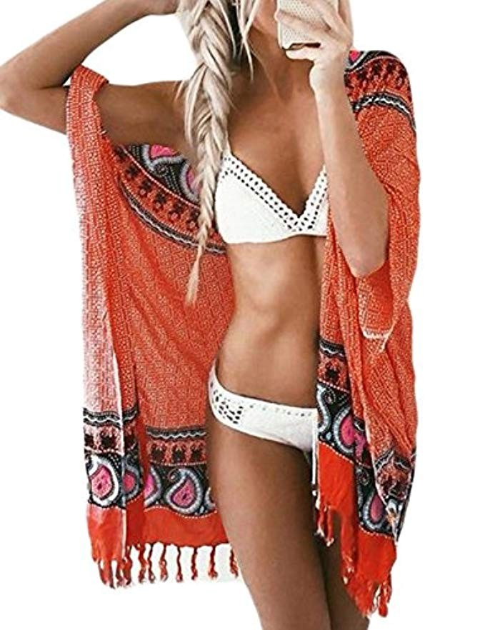 Bsubseach Women Bohemian Chiffon Bikini Swimsuit Cover Up Swimwear Tassel Cardigan | Amazon (US)
