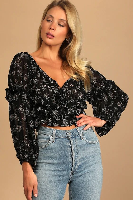 Grow with Me Black Floral Print Tiered Ruffled Long Sleeve Top | Lulus (US)