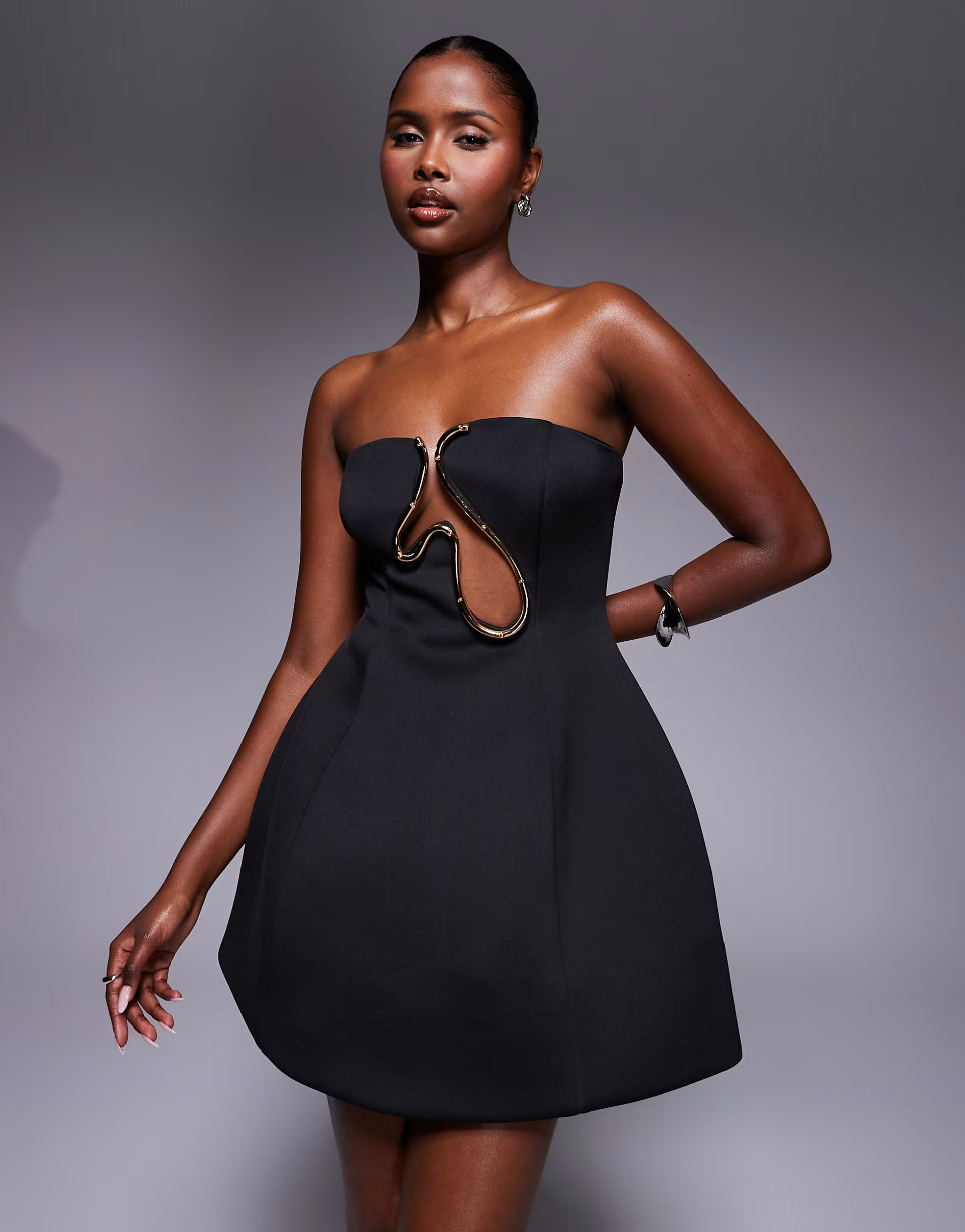 ASOS DESIGN bandeau sculpted mini dress with gold trim in black | ASOS | ASOS (Global)
