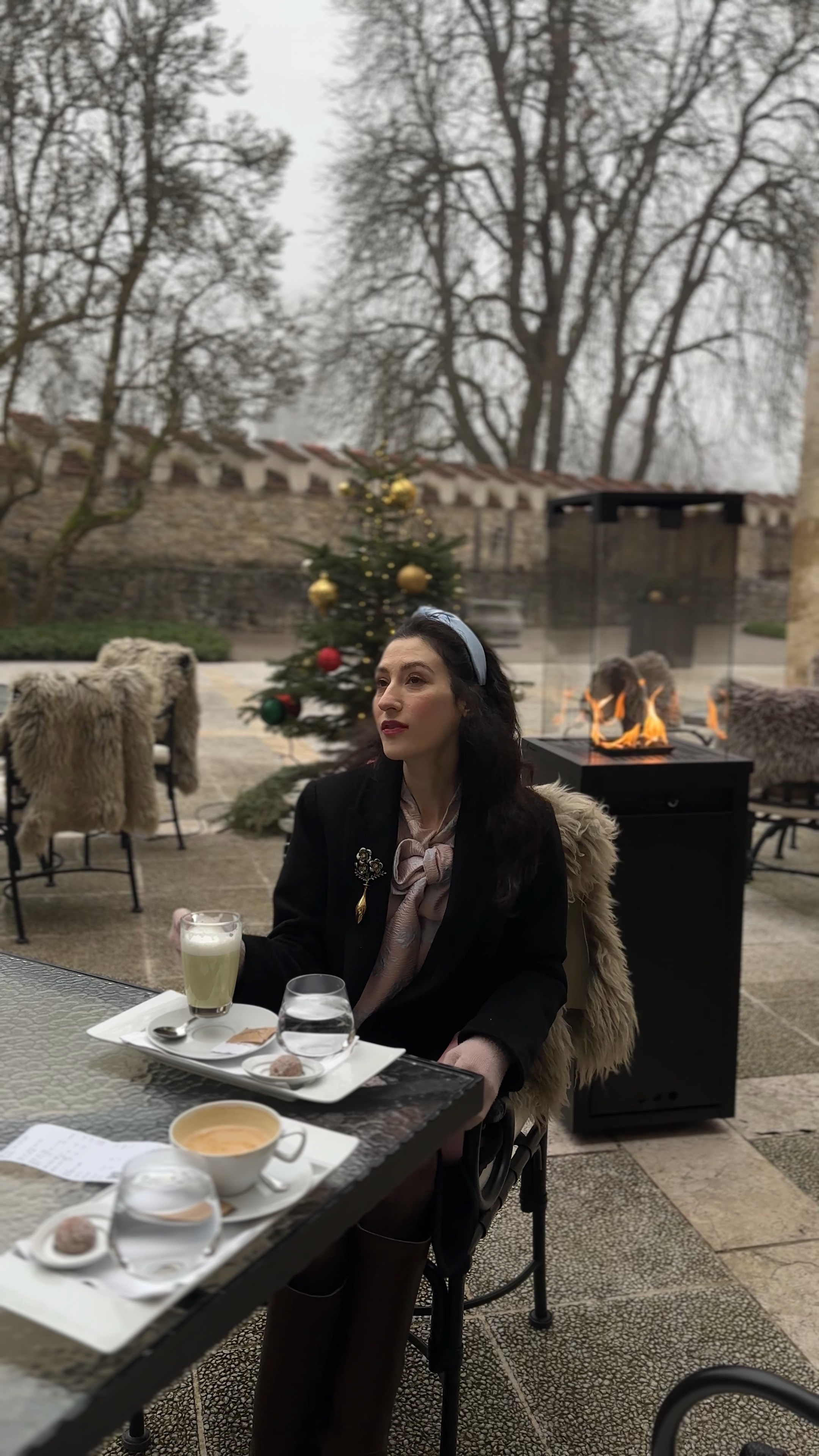 icy blue headband, brooches, casual Christmas outfits, classy Christmas outfit, Christmas outfits for women, holiday outfits Christmas, Christmas café outfit, matcha latte aesthetic, outdoor firepit winter, blue headband styling, pink silk scarf, gold brooch outfit, festive coffee date, European Christmas market, elegant winter layering, holiday café style, black blazer winter, sophisticated date look, Christmas tree backdrop, cozy fire pit date, romantic holiday atmosphere, winter accessory styling, festive hot drinks, elegant cold weather fashion, Christmas date ideas, chic winter café look 

 #LTKHoliday #LTKdayinmylife #LTKootd