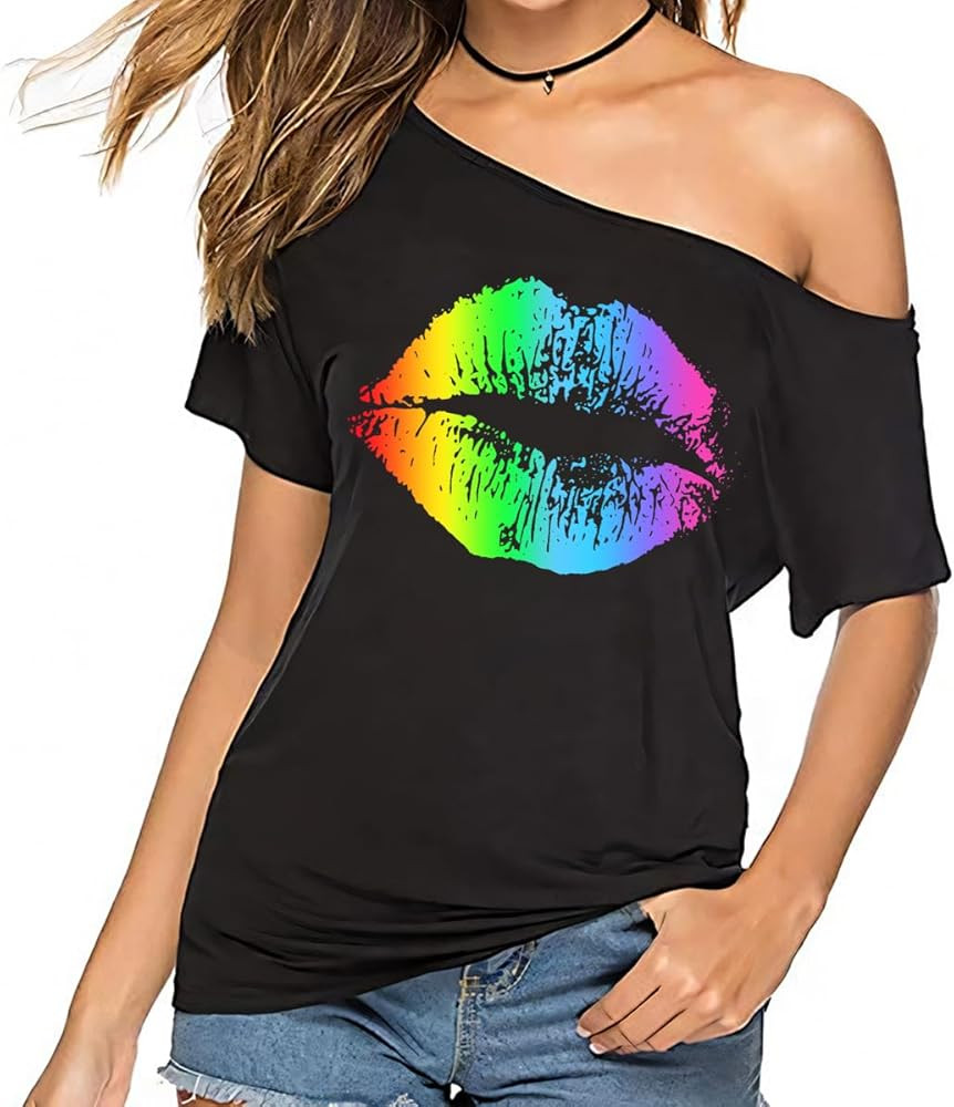 Women's Casual Sexy Off Shoulder Tops Lips Print T Shirts, 80s 90s Neon Outfit Short Sleeve Overs... | Amazon (US)