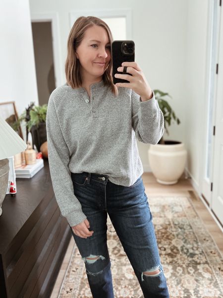 $20 Henley in gray (panther on the website)! It’s nice and thick and will be perfect for lounging in winter. Fits TTS (I’m wearing a large). Jeans are also on sale for $30!

#LTKsalealert #LTKstyletip #LTKunder50