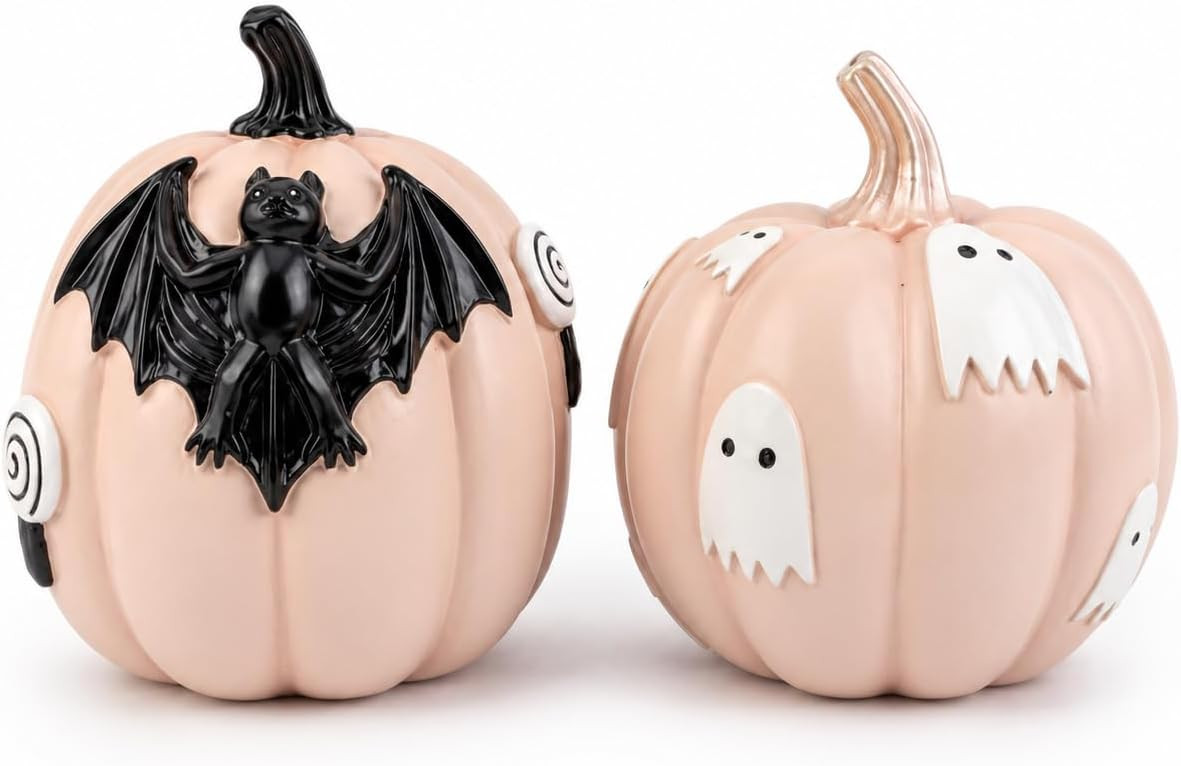 Halloween Decorations Pumpkin Figurines Set of 2, Cute Resin Shelf Mantel Tiered Tray Decor with Bat and Ghost Designs (Pink Pumpkins) | Amazon (US)